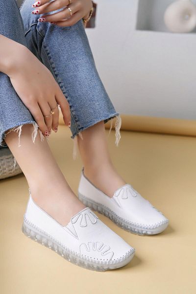 Nesil Shoes Knc 10 White Genuine Leather Transparent Sole Women's Shoes