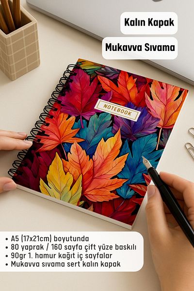 Eldesen Tasarım A5 Spiral Thick Cover Checkered Notepad, 80 Sheets 160 Pages, Colored Sheets