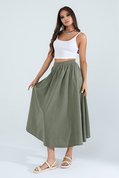 Suzella Women's Khaki 100% Cotton Linen Skirt with Pockets