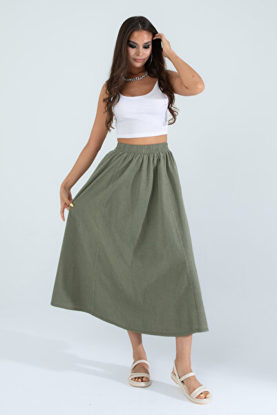 Suzella Women's Khaki 100% Cotton Linen Skirt with Pockets