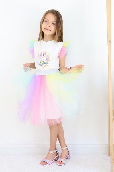 ESİLA KİDS Girl's Suit Unicorn Colorful Tutu Skirt Stylish Suit Summer Party and Birthday Set 3-6 Years Old