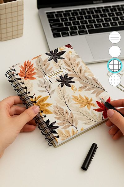 Eldesen Tasarım A5 Spiral Thick Cover Checkered Notepad, 80 Sheets 160 Pages, Autumn Leaves