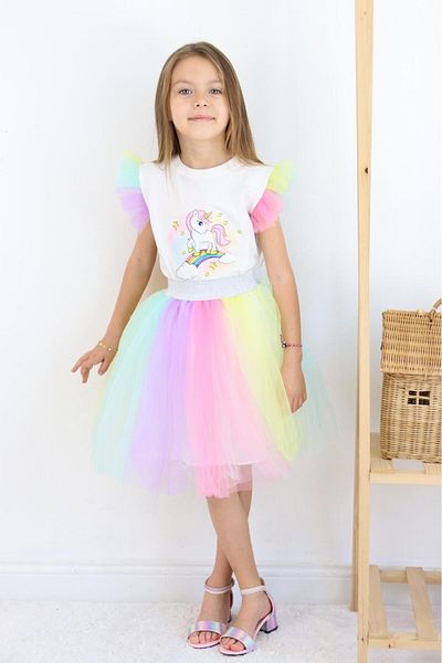ESİLA KİDS Girl's Suit Unicorn Colorful Tutu Skirt Stylish Suit Summer Party and Birthday Set 3-6 Years Old