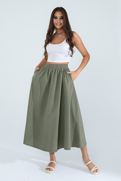 Suzella Women's Khaki 100% Cotton Linen Skirt with Pockets