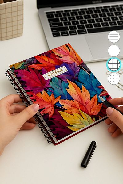 Eldesen Tasarım A5 Spiral Thick Cover Checkered Notepad, 80 Sheets 160 Pages, Colored Sheets