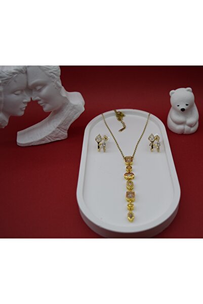 Gold Pırlanta Bijuteri Çelik Gold Renkli Sıra Taşlı Küpeli Kolye Takımı