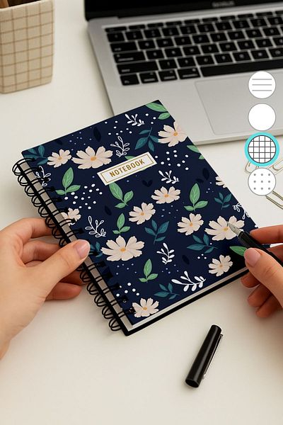 Eldesen Tasarım A5 Spiral Thick Cover Checkered Notepad, 80 Sheets 160 Pages, White Floral