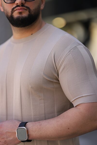 ZENGOLL & RAMİRES Men's Beige Soft Textured Crew Neck Knitwear T-Shirt