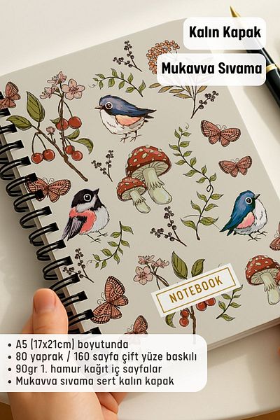 Eldesen Tasarım A5 Spiral Thick Cover Checkered Notepad, 80 Sheets 160 Pages, Mushroom