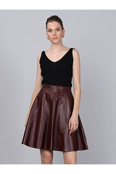 Basics&More Kadın Yüksek Bel A Kesim Mürdüm Hakiki Deri Etek - Sk03