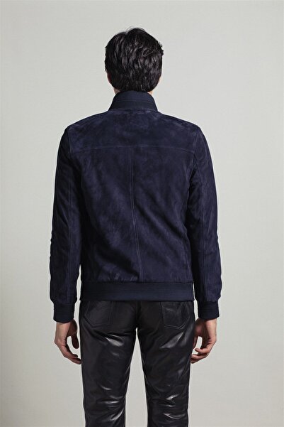 Deriderim Lacivert Knox Erkek Düğmeli Astarlı Beli Ve Kolu Trikolu Kolej Hakiki Süet Mont