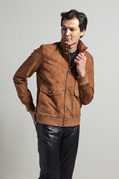 Deriderim Camel Knox Men's Buttoned Lined Waist and Sleeve Knitwear College Genuine Suede Coat