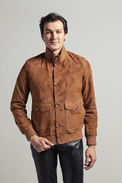 Deriderim Camel Knox Men's Buttoned Lined Waist and Sleeve Knitwear College Genuine Suede Coat