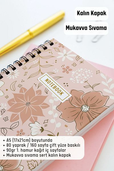 Eldesen Tasarım A5 Spiral Thick Cover Checkered Notepad, 80 Sheets 160 Pages, Gold Flower
