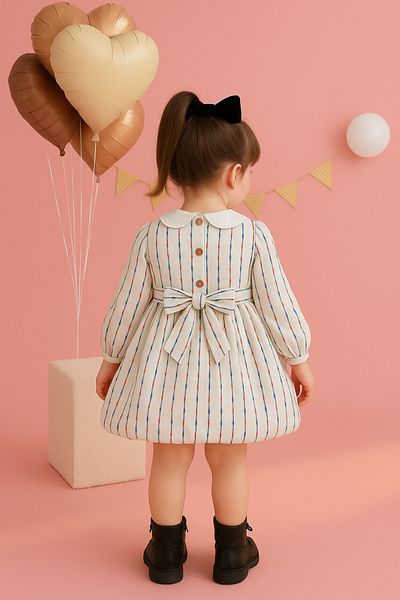 ESİLA KİDS Girls' Dress Brode Collar Striped Balloon Skirt Dress Long Sleeve Belted 3-7 Years