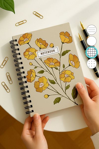 Eldesen Tasarım A5 Spiral Thick Cover Checkered Notepad, 80 Sheets 160 Pages, Orange Flower