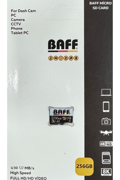 Baff 256GB Hafıza Kartı Video Kayıt Destekli U3 A2 Standartlarında