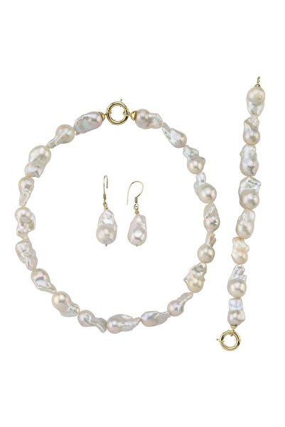 Birinci 925 Ayar Gümüş 22 mm Barok İnci Kolye Bileklik Küpe Üçlü Set