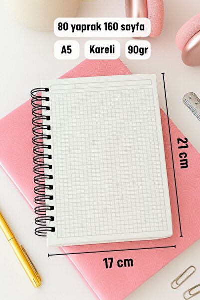 Eldesen Tasarım A5 Spiral Thick Cover Checkered Notepad, 80 Sheets 160 Pages, Pink Bow
