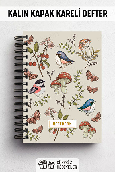 Eldesen Tasarım A5 Spiral Thick Cover Checkered Notepad, 80 Sheets 160 Pages, Mushroom