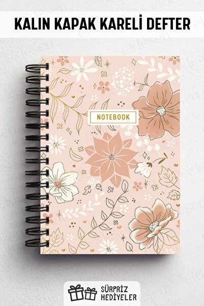 Eldesen Tasarım A5 Spiral Thick Cover Checkered Notepad, 80 Sheets 160 Pages, Gold Flower
