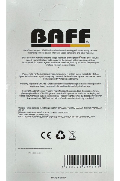 Baff 256GB Hafıza Kartı Video Kayıt Destekli U3 A2 Standartlarında