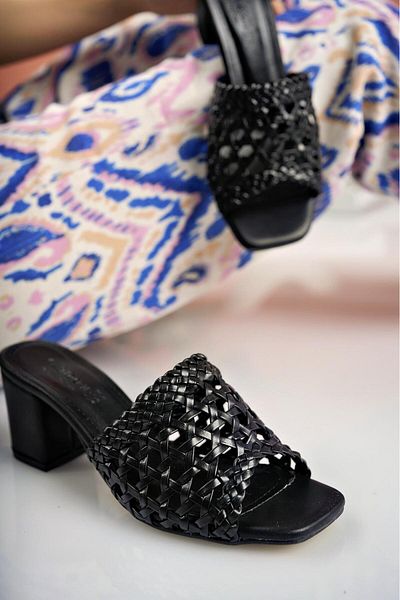 Nesil Shoes Γυναικείες παντόφλες Özma 910 Μαύρες Πλεκτές Χειροποίητες με τακούνι