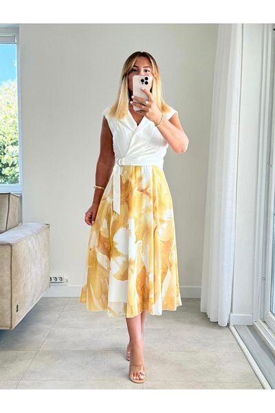 Afiş Butik Yellow Double Breasted Chiffon Skirt Dress