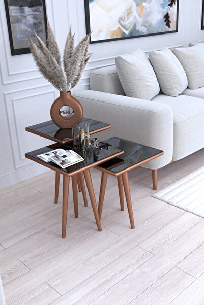 ysnn aksesuar LİVA 3'LÜ BAKIR RENK FÜME AYNALI ZİGON SEHPA TAKIMI