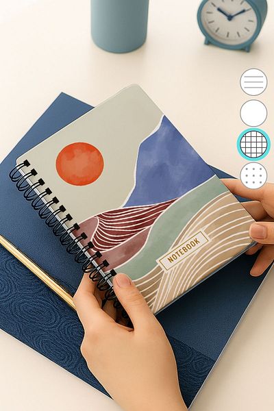 Eldesen Tasarım A5 Spiral Thick Cover Checkered Notepad, 80 Sheets 160 Pages, Orange Boholo