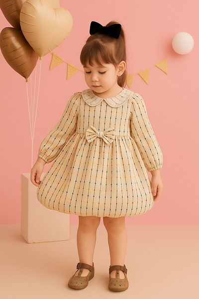 ESİLA KİDS Girls' Dress Brode Collar Striped Balloon Skirt Dress Long Sleeve Belted 3-7 Years