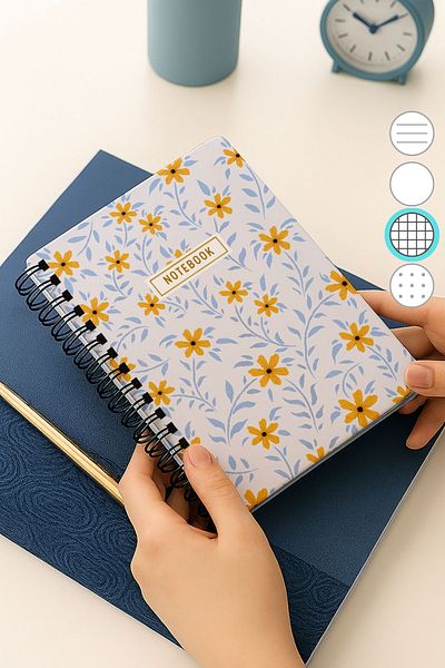 Eldesen Tasarım A5 Spiral Thick Cover Checkered Notepad, 80 Sheets 160 Pages, Daisy