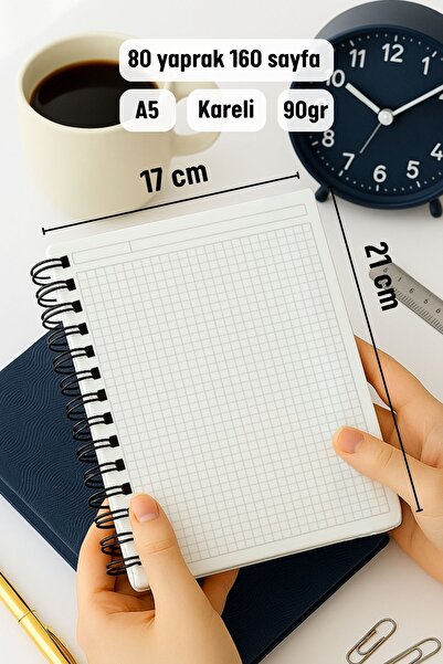 Eldesen Tasarım A5 Spiral Thick Cover Checkered Notepad, 80 Sheets 160 Pages, Daisy