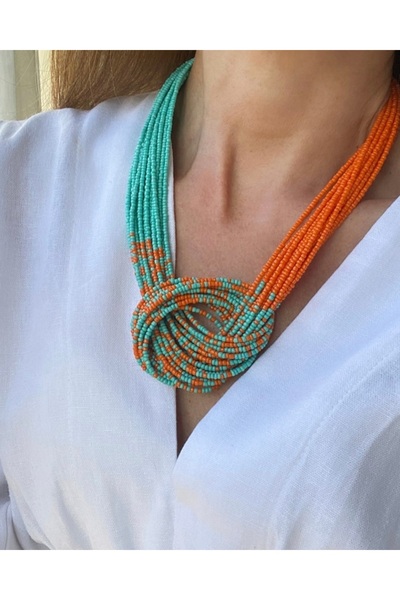 İPAR AKSESUAR TURUNCU TURKUAZ KUM BONCUK ÇOKLU KOLYE