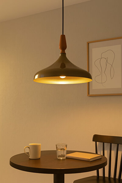 Modavize Nil Modern Tasarım Ahşap Detaylı Metal Cafe - Mutfak Kahverengi Tekli Avize (35 CM)