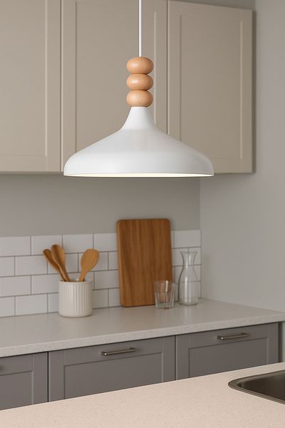 Modavize Nil Modern Design Wooden Detailed Metal Cafe - Kitchen White Color Single Chandelier (35 cm)