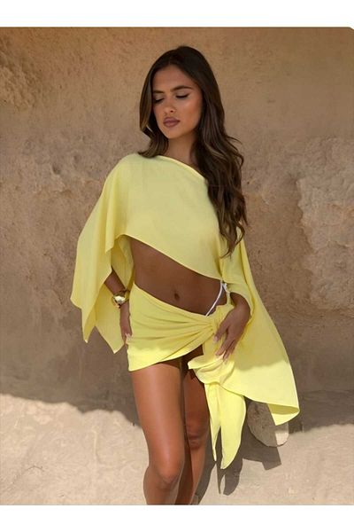 charango Women's Bat Sleeve Asymmetrical Style Loose Lacing Detail Yellow Beach Suit