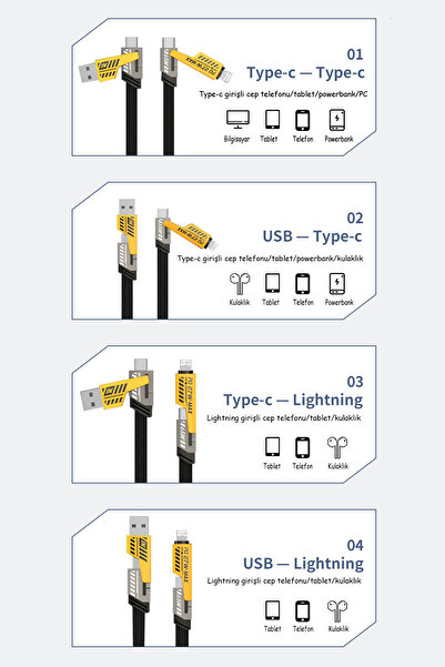 TrkTech 4'ü 1 Arada Hızlı Şarj Kablosu Type-c 65w Lightning 27w + USB ve USB-C Veri Aktarım Kablosu