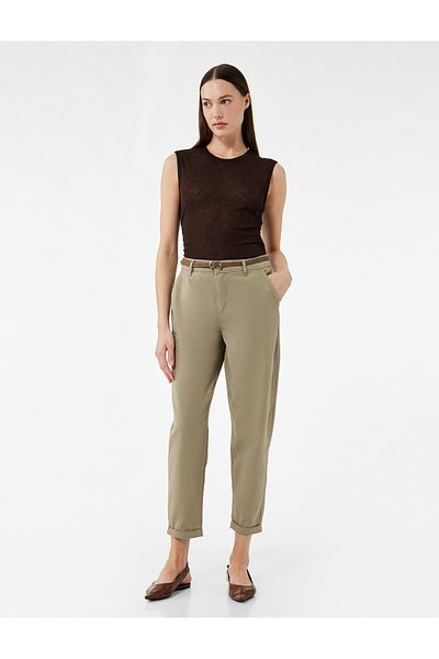 Koton High Waist Double Leg Cotton Belted Chino Trousers