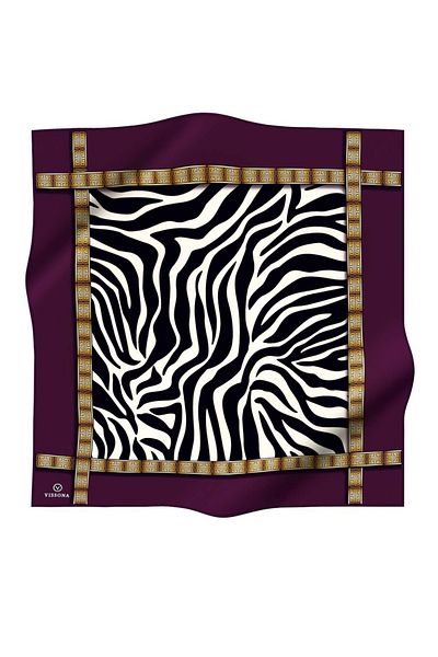 Vissona 100% Twill Silk Zebra Pattern Plum - Χρυσό Χρώμα 90x90 Φουλάρι Σχήμα Ραπτικής: Ράψιμο στο χέρι
