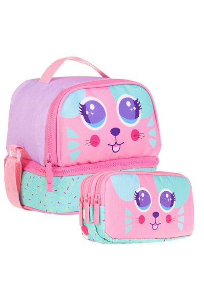 KAUKKO Two Compartment Thermal Insulated Nutrition Pen Holder Set (Cat Pattern) (Pink Green)