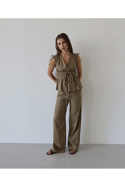 JASTE Women's Khaki Shoulder Waist Gathered Blouse & Elastic Waist Pants Linen Set