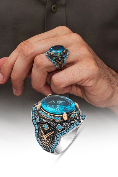 ALYANSEVİM Oval Aqua Mavi Taşlı 925 Gümüş Yüzük Erkek