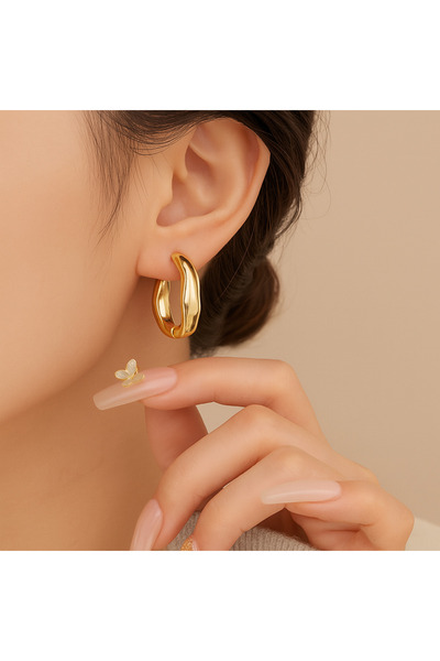 ELMATOLYE Women's Gold Color Organic Form Wave Hoop Earrings |   Elegant Vintage Look Steel Earrings