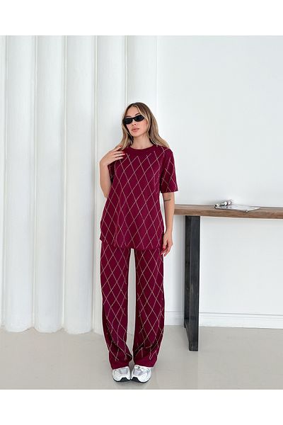 badibadii Women's Casual Diamond Blouse Elastic Waist Trousers Modal Suit 3089 60283231
