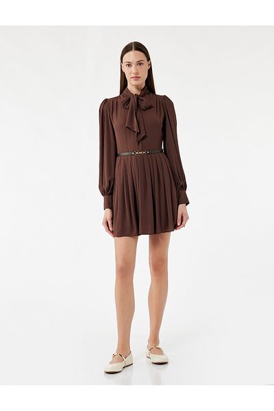 Koton Regular Fit Long Sleeve Belted Scarf Neck Mini Dress