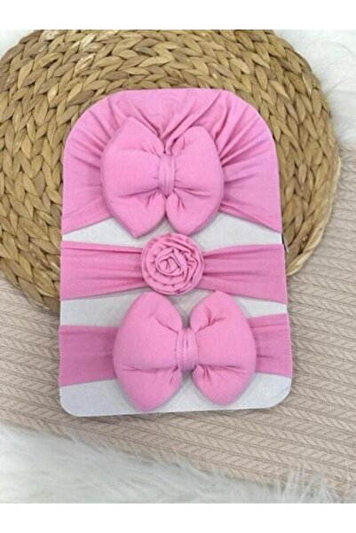 Pico Baby Kız Bebek Pembe Fiyonklu Bone Bandana 3lü Set