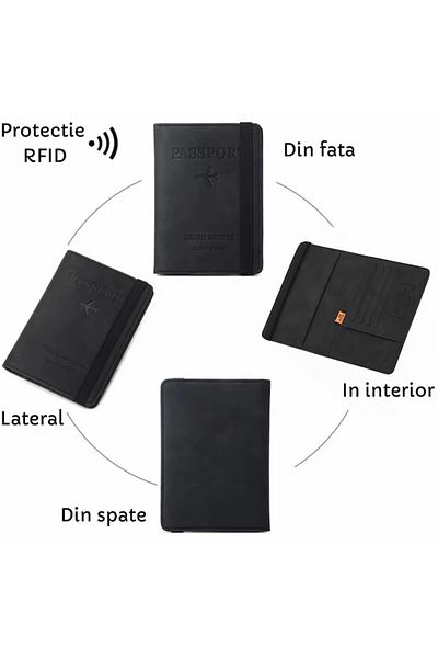 INNOVIO Portofel pentru pasaport INNOVIO®, Protectie RFID, Piele ecologica, Compartiment carduri, Negru