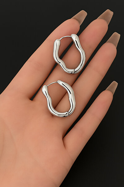 ELMATOLYE Women's Silver Color Organic Form Wavy Hoop Earrings | Modern Minimal Steel Earrings