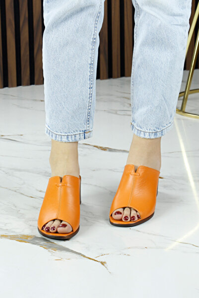 Erkan Saçmacı Valery Orange Genuine Calfskin Open Front Thick Heeled Slippers